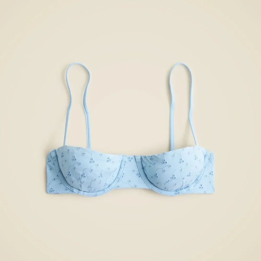 NWT J CREW Eyelet balconette underwire bikini top in “Calm Blue” size 32A
